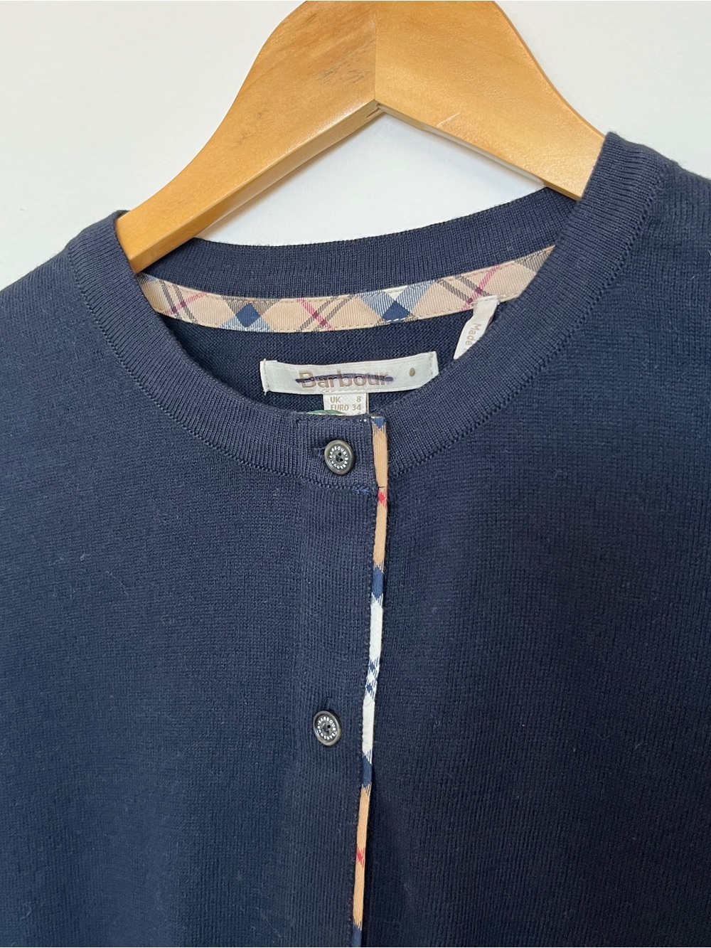 BARBOUR Elbow Patch Plaid Navy Cardigan Size US 4 NWOT - Picture 4 of 7